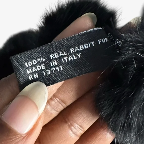 Valerie Stevens Luxurious Black Rabbit Fur Pom Pom Scarf Wrap OS 60”